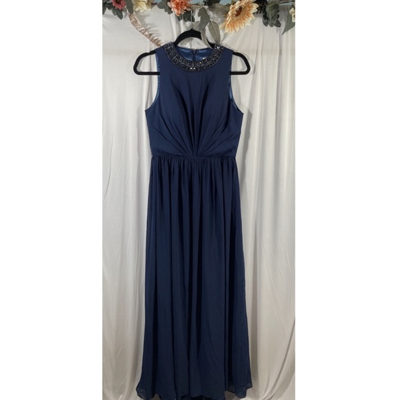NWT $338 leena for Mac‎ Duggal [ 8 ] Embellished High Neck Pleated Gown Blue - Picture 9 of 15